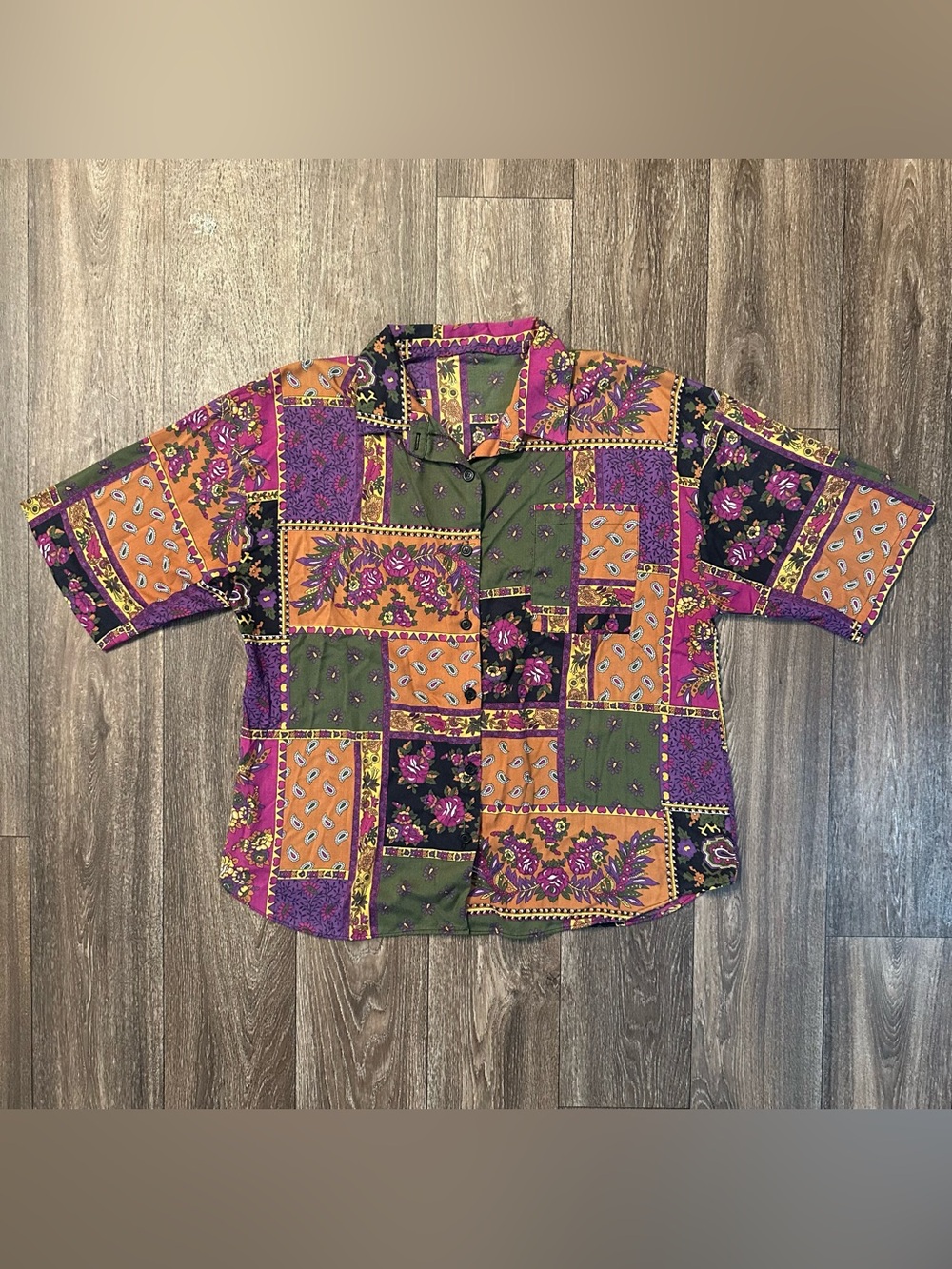 Boomerang floral/paisley patchwork short sleeve button up shirt Sz XL 90s